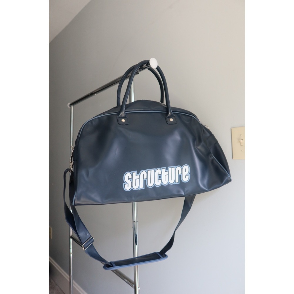 Vintage‎ Structure Blue Faux Leather Duffel Weekender Overnight Travel Bag